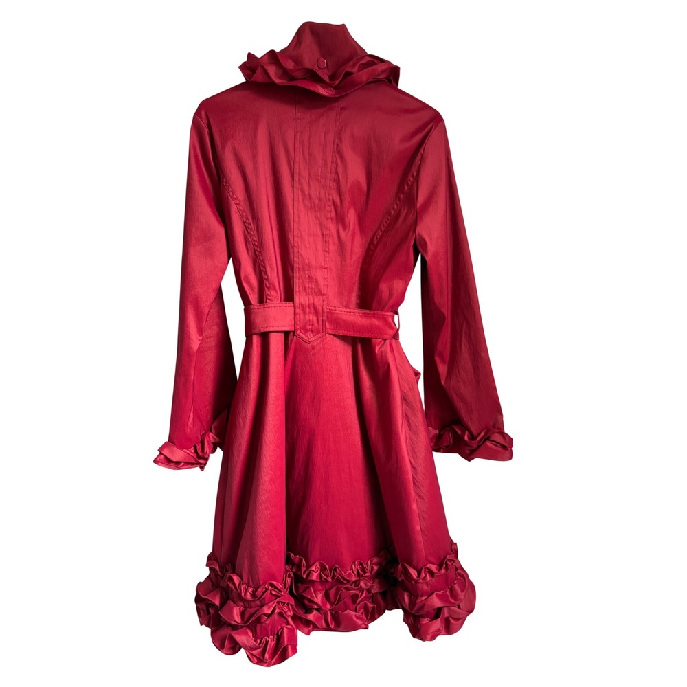 Samuel Dong Red Ruffle Trench Coat Women Small Dramatic Collar Belted Jacket - Picture 2 of 9